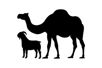Eid al-Adha sacrifice animal silhouette. Goat and camel silhouette for stock farming design