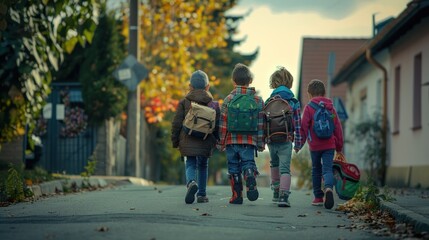Obraz premium Group of young children walking together in friendship, back-to-school concept on their first day of school