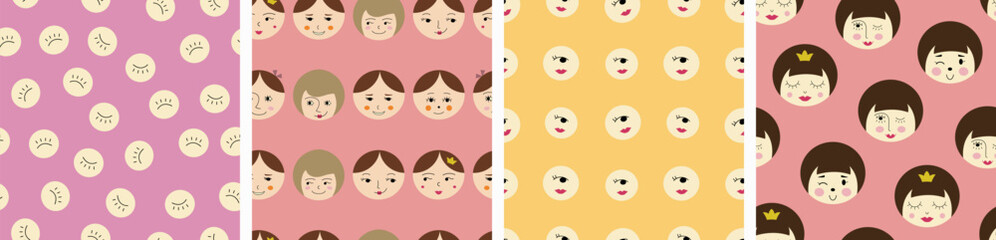 Four seamless patterns bundle, young girlish faces. Seamless colorful design, female countenance, drawn continuous background.