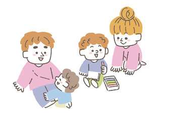 家族で床で遊んでいるイラスト
