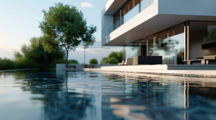 A minimalist house with a reflective pool in the foreground, the water's surface perfectly still 