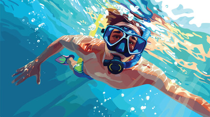 Snorkeling man. Guy in diving mask underwater take ph