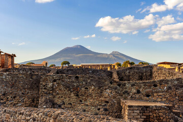 beautiful landscape from Pompeii ancient archeological excavation to Vesuvius volcano  and amazing...
