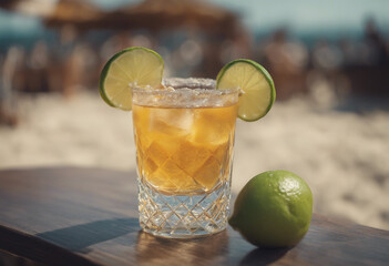 a delicious tequila drink on the beach, alcohol advertising shoot
