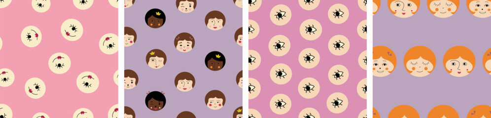 Four repeatable patterns, comely girlish faces. Simple design for branding, fabric, girl guise, various endless backgrounds.