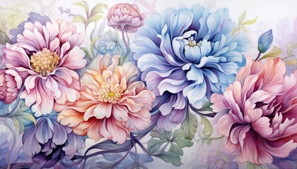 Vibrant watercolor floral painting featuring colorful, blooming flowers with intricate petals and greenery, perfect for artistic projects.