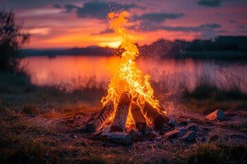 A bonfire burns brightly against a dramatic sunset sky, with a still lake in the background.