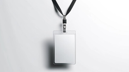 mockup of a plastic badge ID card, attached to a grey ribbon. This template caters to employees