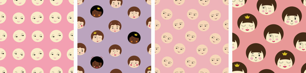 Collection of four creative patterns, handsome girlish faces. Bright repeatable background, woman look, cute creative surface design.