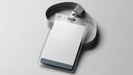 mockup of a plastic badge ID card, attached to a grey ribbon. This template caters to employees