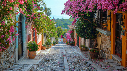 Rustic street with windows and bougainvillea