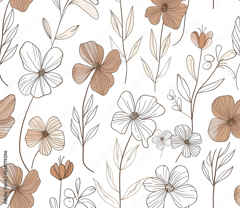 Aufkleber seamless pattern with simple line art shapes in brown on white background, simple vector illustratio