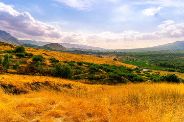panoramic farmland view of yellow field with sceniv valley , mountains and amazing cloudt sunset