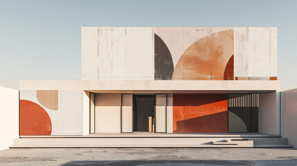 A minimalist house with a front facade featuring a large abstract mural  - Powered by Adobe