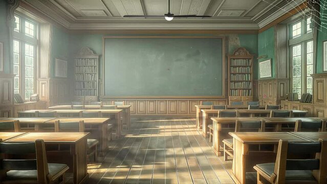 Empty classroom with desk, tables, chalkboard and chairs, at school or university motion seamless looping animation cartoon video background
