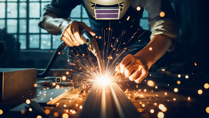 locksmith using a welding machine to cut and weld iron metal, creating a shower of sparks.