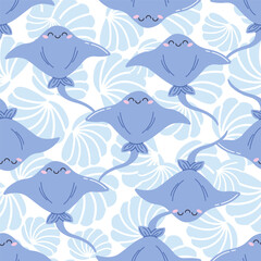 Vector seamless pattern with blue shells and sea rays, hand-drawn. Marine motifs for your design