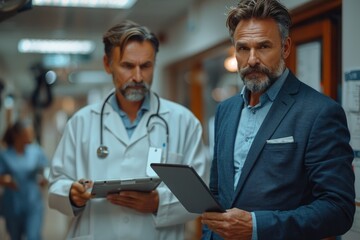 The doctor is reading documents for communication