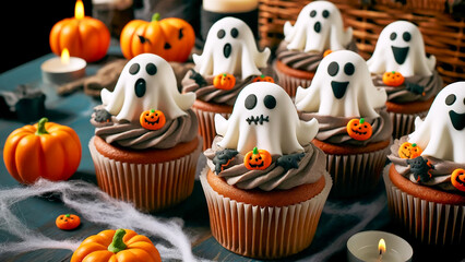 Halloween ghost cupcakes arranged on a table. Each cupcake is decorated with ghost motifs