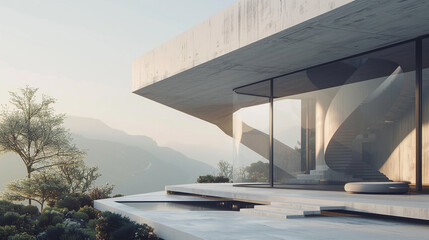 A minimalist house with a facade that features a large-scale kinetic sculpture, the movement frozen...