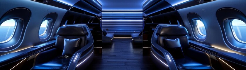 Fototapeta premium Futuristic aircraft cabin design featuring dark seats and tranquil blue lighting, ideal for a feature in a travel technology magazine