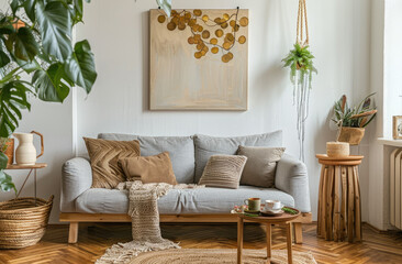 Sofa with brown and mustard pillows, wooden coffee table near grey sofa in boho style interior of living room with white wall painting, hanging macrame, pampas grass and plants on the floor