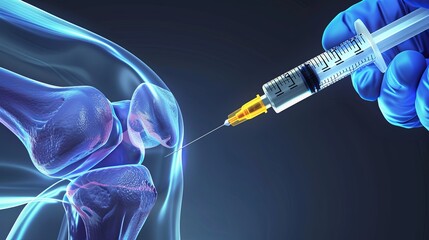 This 3D medical visualization depicts a knee joint injection, a common treatment for arthritis-related joint pain.
