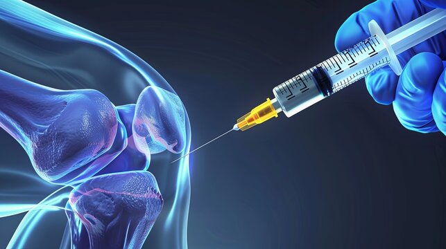 This 3D medical visualization depicts a knee joint injection, a common treatment for arthritis-related joint pain.