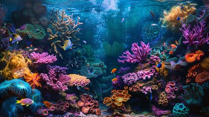 Naklejka premium This striking image captures the dynamic colors and textures of a coral-filled aquarium, alive with underwater fluorescence.