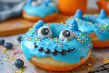 Close-up of a cute, monster-decorated doughnut with vibrant blue icing and colorful sprinkles - Powered by Adobe