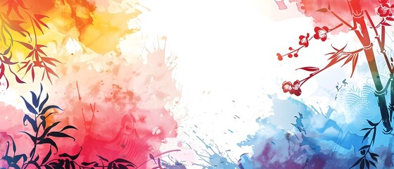 Naklejka premium Vibrant Watercolor Chinese New Year Floral Pattern with Blank Space for Copy