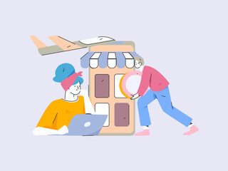 Holiday shopping people doing e-commerce online shopping flat vector concept operation hand drawn illustration
