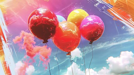 Colorful balloons float through a bright blue sky