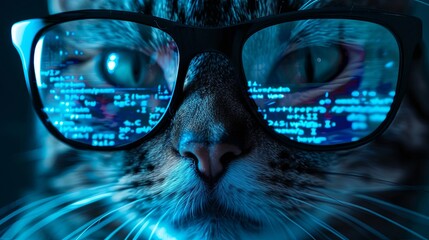 Face of cat hacker working in dark room close-up. Computer code reflected in his glasses. Concept of spy, ransomware, cyber technology, hack, humor, scam, fraud, and virus