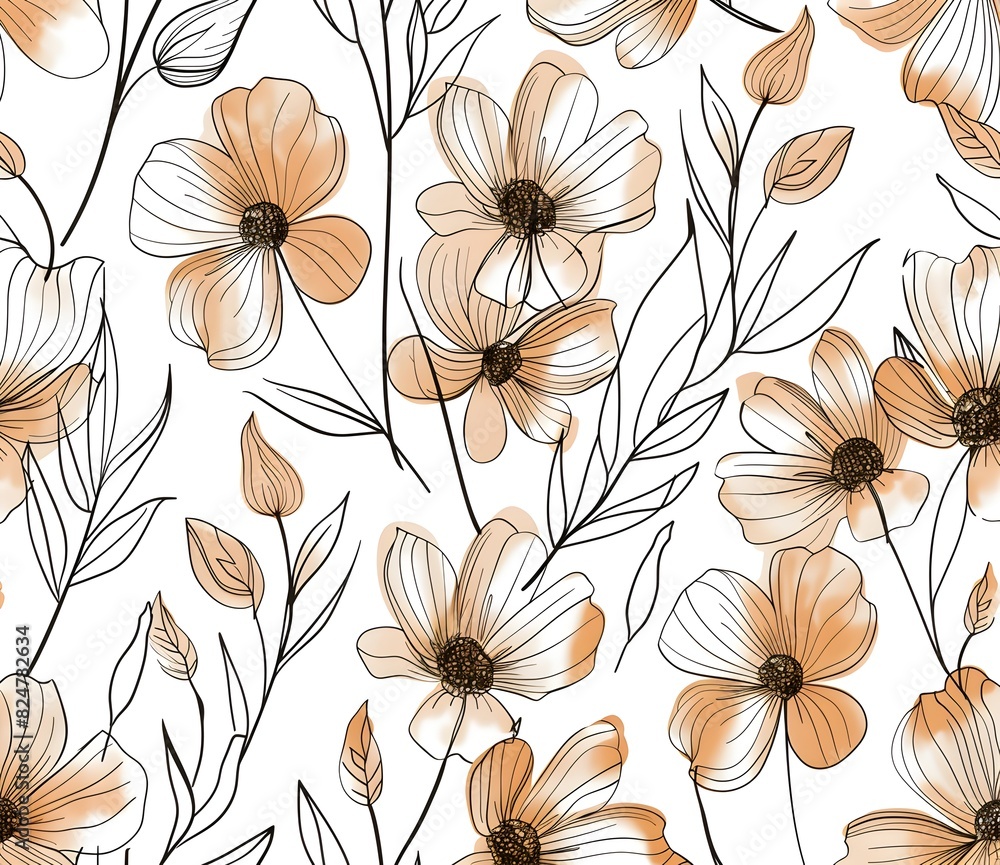 Poster seamless pattern with simple line art shapes in brown on white background, simple vector illustratio