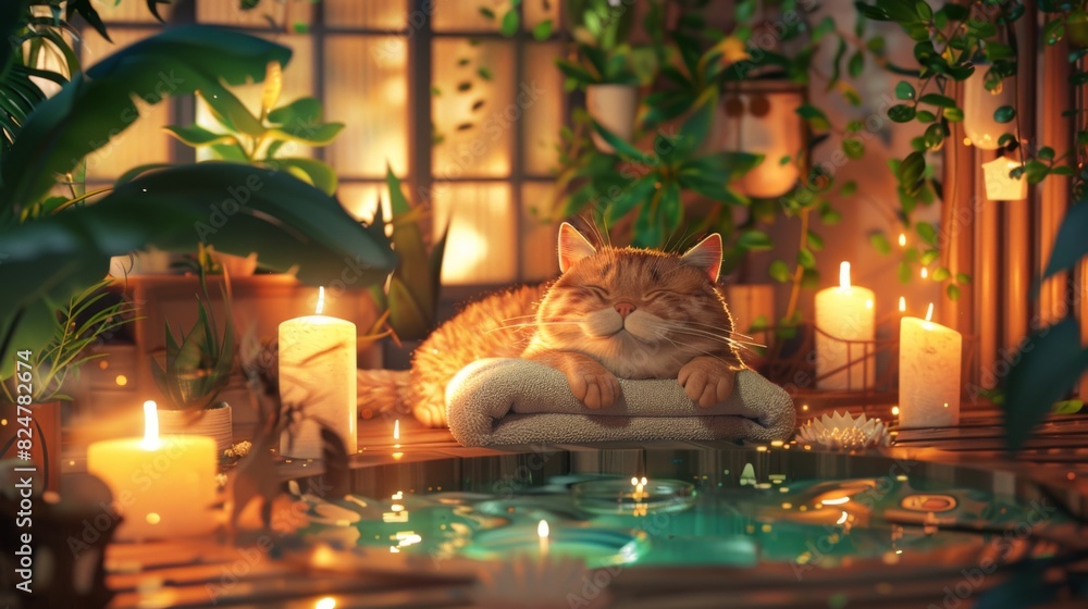 Poster A chubby cat relaxing in a shallow pool of water in a spa-like setting, surrounded by candles and plants.