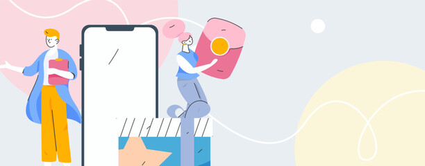 Holiday shopping people doing e-commerce online shopping flat vector concept operation hand drawn illustration
