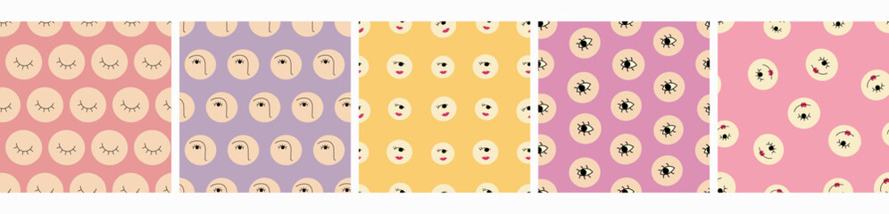 Five seamless patterns bundle, simple shapes. Stylish repeating design, continuous background.