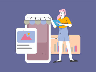 Holiday shopping people doing e-commerce online shopping flat vector concept operation hand drawn illustration
