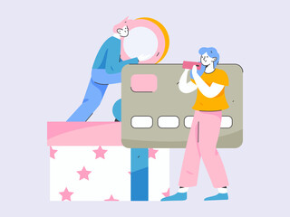 Holiday shopping people doing e-commerce online shopping flat vector concept operation hand drawn illustration
