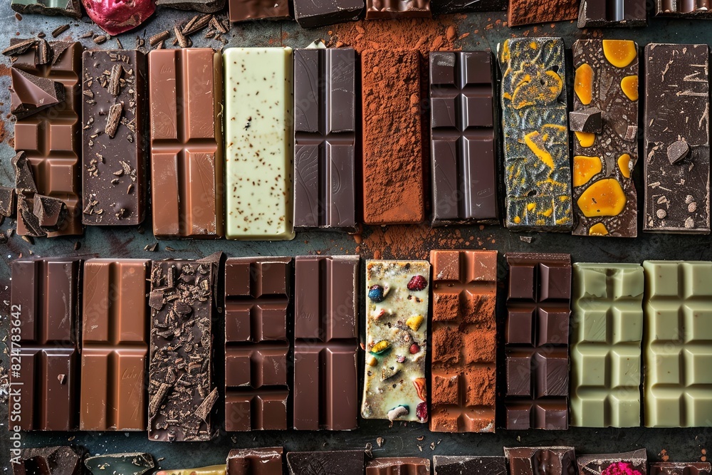 Aufkleber Various chocolate bars of different flavors and types neatly arranged on a table. Generative AI