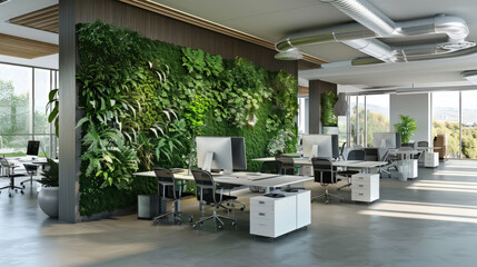 A modern, eco-friendly office environment promoting employee health, featuring a lush living green wall, natural light