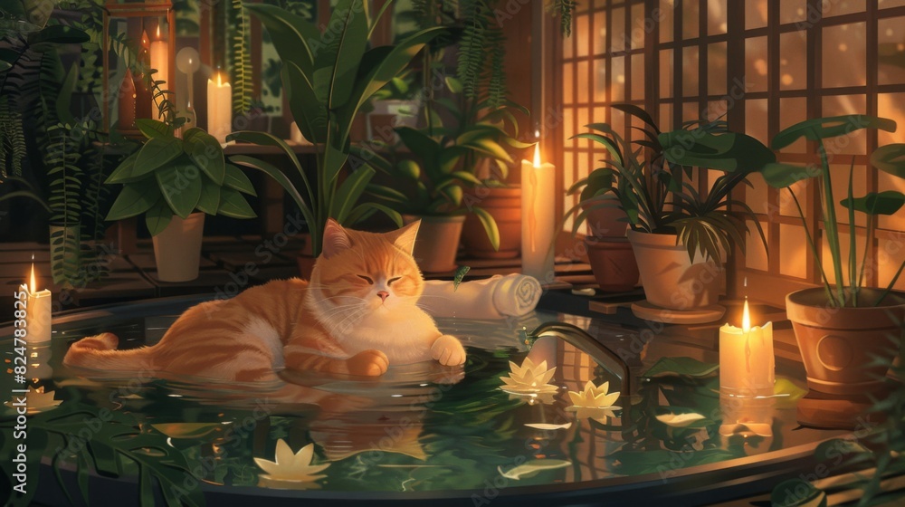 Poster A chubby cat relaxing in a shallow pool of water in a spa-like setting, surrounded by candles and plants.