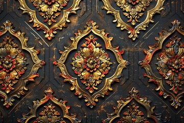 Intricate antique gold and bronze floral wall pattern, showcasing elaborate ornate design with vintage elegance and artistic craftsmanship.