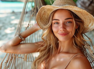 Happy female traveler relaxing in a hammock on a paradise beach. Woman tourist in a straw hat near the tropical sea. vacation, travel, summer, wanderlust and holiday concept