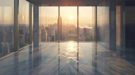 An empty room in a skyscraper and a view of the city in the morning. Beautiful, expensive property with a view.