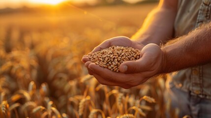Hand holding a handful of golden wheat grains with a warm sunset over a wheat field background