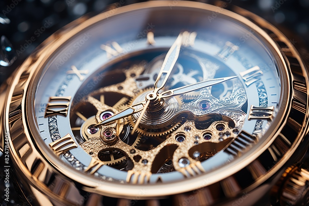 Poster highly detailed mechanical watch movement with visible gears and ruby bearings