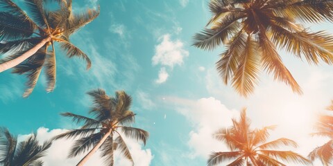 Blue sky and palm trees view from below, vintage style, tropical beach and summer background, travel concept