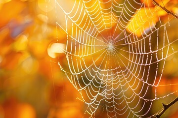 Close-up of a cobweb. The image captures detail of nature during the fall season.